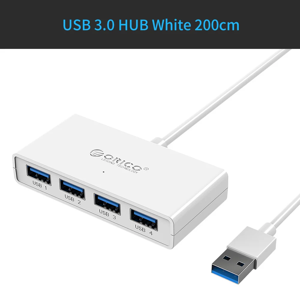 ORICO Mini USB 3,0 концентратор 4 порта питание OTG с микро USB интерфейс питания для MacBook ноутбук планшет компьютер OTG usb-хаб - Цвет: White 200cm