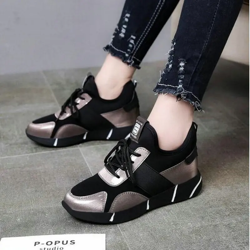 

2019Womens Platform Wedge Low Heel Shoes Sneakers Sport Ankle Boots Autumn Woman Leather Short Boots Hidden Increasing shoes 78