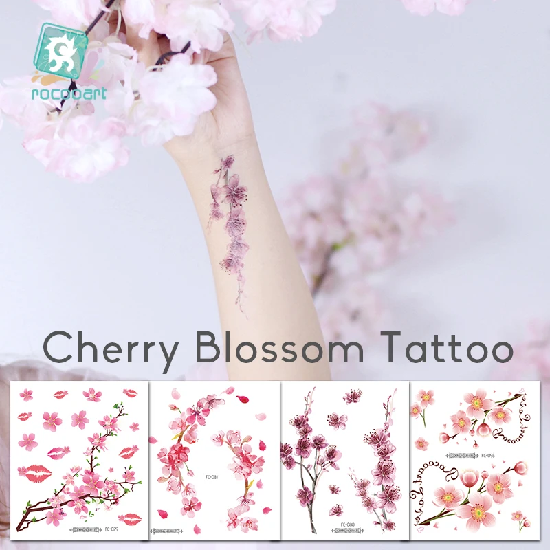 Поддельные татуировки с цветами Rocooart, татуировки сакуры, наклейки на грудь, водостойкие татуировки с изображением цветущей вишни, тату для женщин, боди-арт