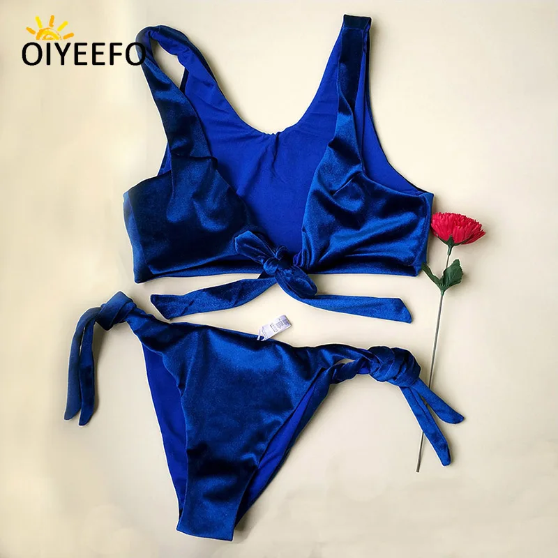 Oiyeefo новый блестящий синий бархат Купальник бикини повязка Tank Crop Top Для женщин