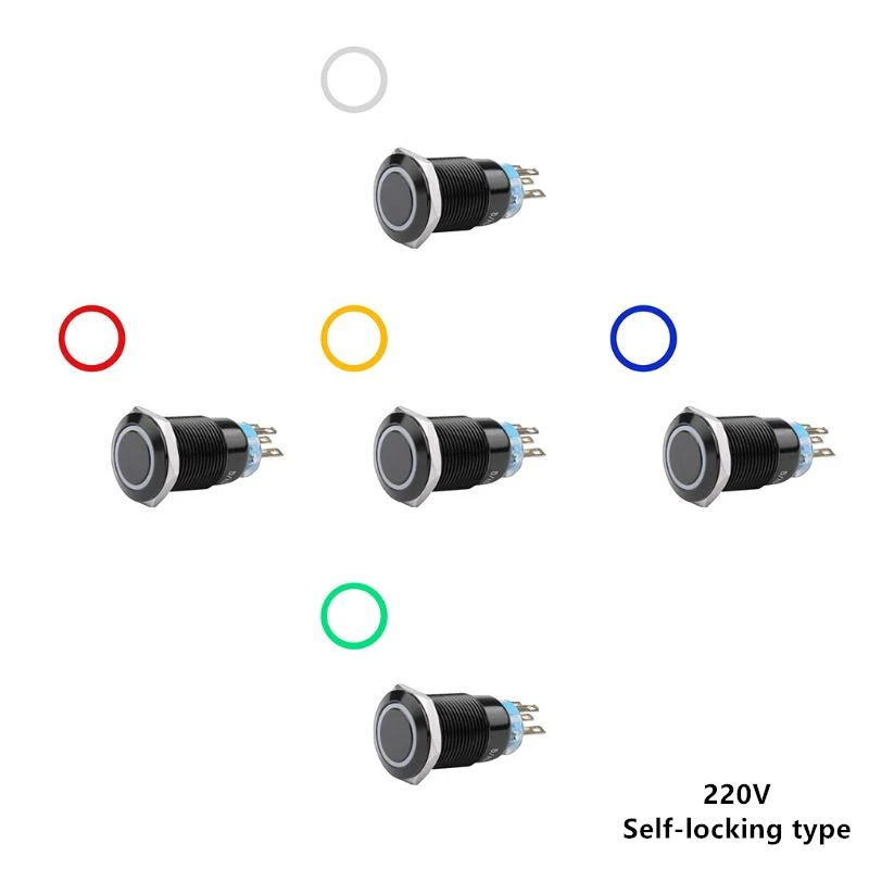 

19mm 220V LED ON/OFF Black Waterproof Self-locking Push Button Flate Switch Car Switch IP66 Flat Head 5 Pin 35mm Length