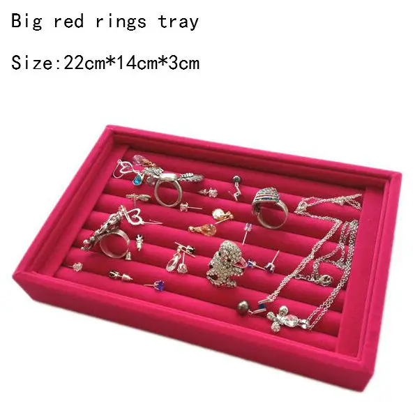 L22cm* W14cm* H3cm маленькая шкатулка для украшений, кольца, органайзер, лоток для сережек, колье, для хранения, полиуретан и бархат, опт, цена - Цвет: big red rings tray