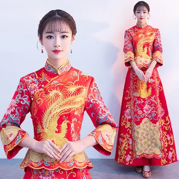 

Women Phoenix&Floral Vintage Qipao Overseas Chinese Embroidery Cheongsam Suit Red Ancient Bride Wedding Party Dress Gown S-XL