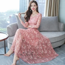 Autumn Fashion Romantic Lace Pink Female Dress The 2018 New Style V-neck Designs Elegant Temperament Black Office Lady Dresses original 2 pieces set dress 2017 new autumn slim fashion temperament black lace dresses women
