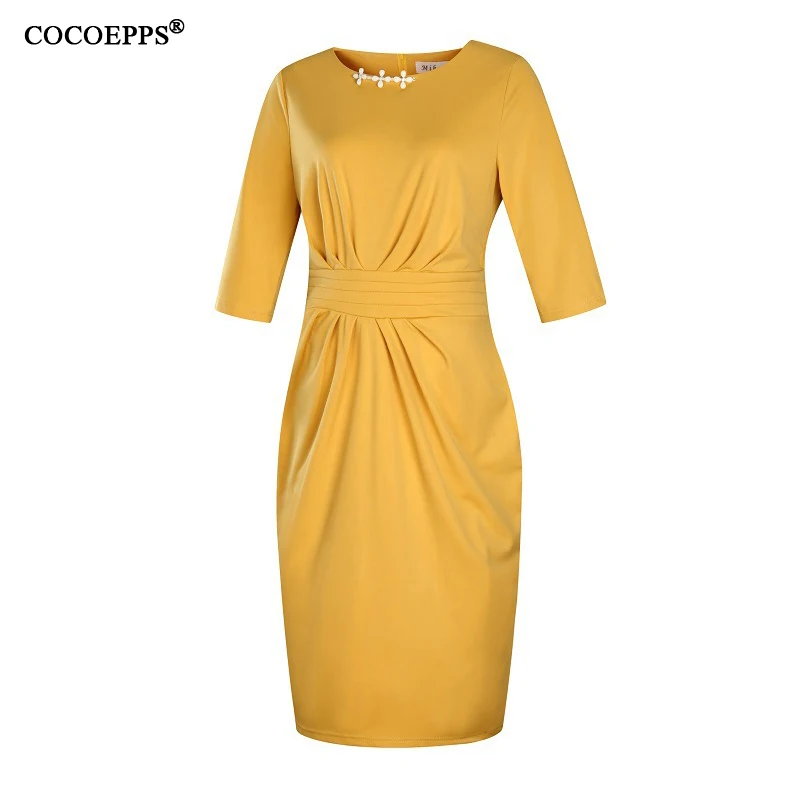 Новое летнее женское однотонное платье большого размера с круглым вырезом, сексуальное платье карандаш длиной до колена, элегантное платье, одежда 4XL 5XL 6XL - Цвет: Оранжевый