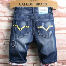 Мужские прямые шорты из джинсовой ткани с дырками, короткие джинсы, новые летние мужские хлопковые синие джинсовые шорты, мужские повседневные джинсовые шорты до колен, размер 38