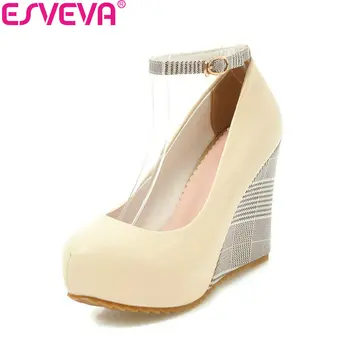 

ESVEVA 2018 Women Pumps Buckle Strap Wedges Heels PU Leather Platform 3cm Pumps Round Toe High Heels Women Shoes Size 34-43