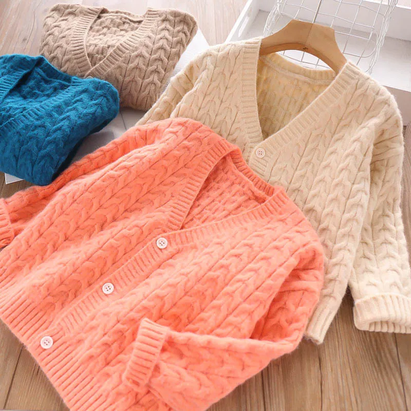 

Lovely Girls V Neck Crochet Candy Rainbow Color Cardigans Holiday Autumn New Knitted Sweater Cute Kids Coats