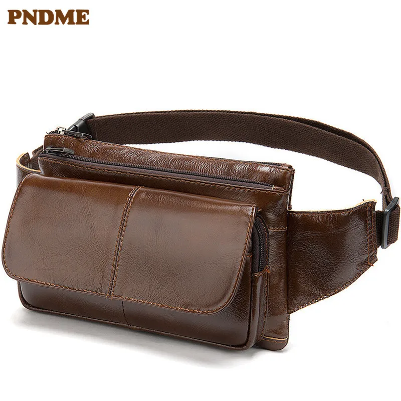 

PNDME simple genuine leather men's chest bag casual top layer cowhide leather waist packs crossbody bags chest rig bag