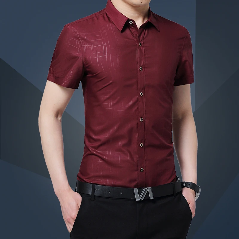Dress shirt men's Casual Polyester Fiber fashion short sleeved plaid
