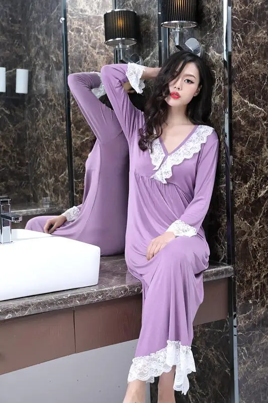 Весенне-осенняя женская ночная рубашка с длинным рукавом, хлопковая ночная рубашка, кружевное сексуальное домашнее платье, Милая Ночная рубашка, ночная рубашка, M-XXL - Цвет: Фиолетовый