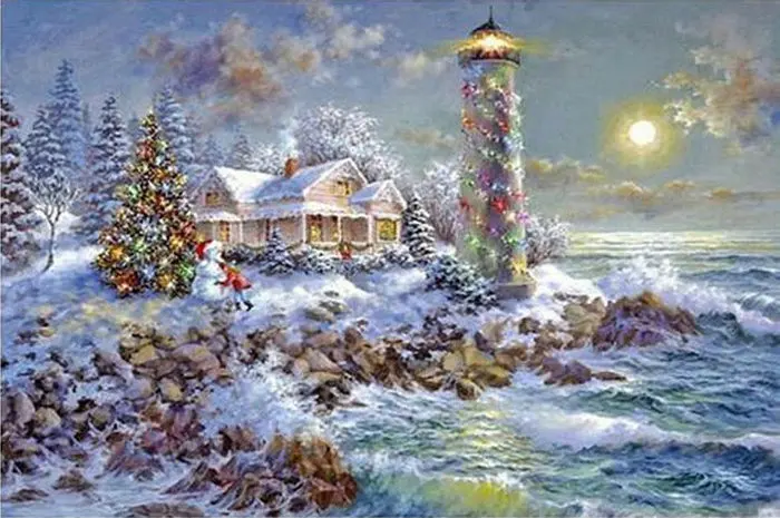 Diamond Embroidery Christmas scenery pattern 3d Diy Painting Lighthouse round Full Rhinestone Mosaic picture Needlework | Дом и сад