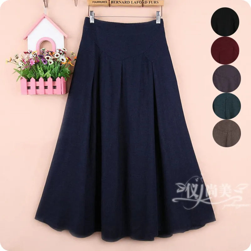 Free Shipping 2021 New Fashion Long Maxi Thick A-line Skirts For Women Elastic Waist Winter Warm Linen Cotton Skirts With Pocket