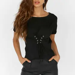 Для женщин пикантные стильная футболка с круглым вырезом короткий рукав на шнуровке летняя футболка TopFemmes camisa chemise camicia Mujer одежда