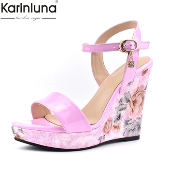 

Karinluna New large sizes 41 Brand Design ankle-strap Sandals Flower Party Shoes Woman Wedges High Heels Platform Women Sandals