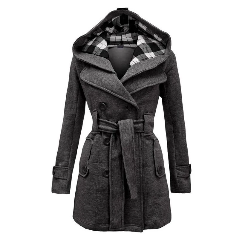 

Winter Wool Cashmere Coat Hooded Belt Double-Breasted Blends Pockets Coats Women Casual Overcoat Outerwear Long Jacket