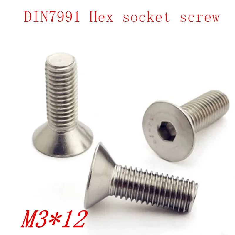 

100pcs/lot DIN7991 M3*12 m3x12 A2 stainless steel Hex socket flat head countersunk screw
