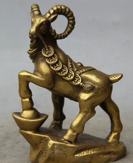 

872++5" Chinese Home Brass Zodiac Year Sheep Goat Wealth Money Rich Statue Sculpture