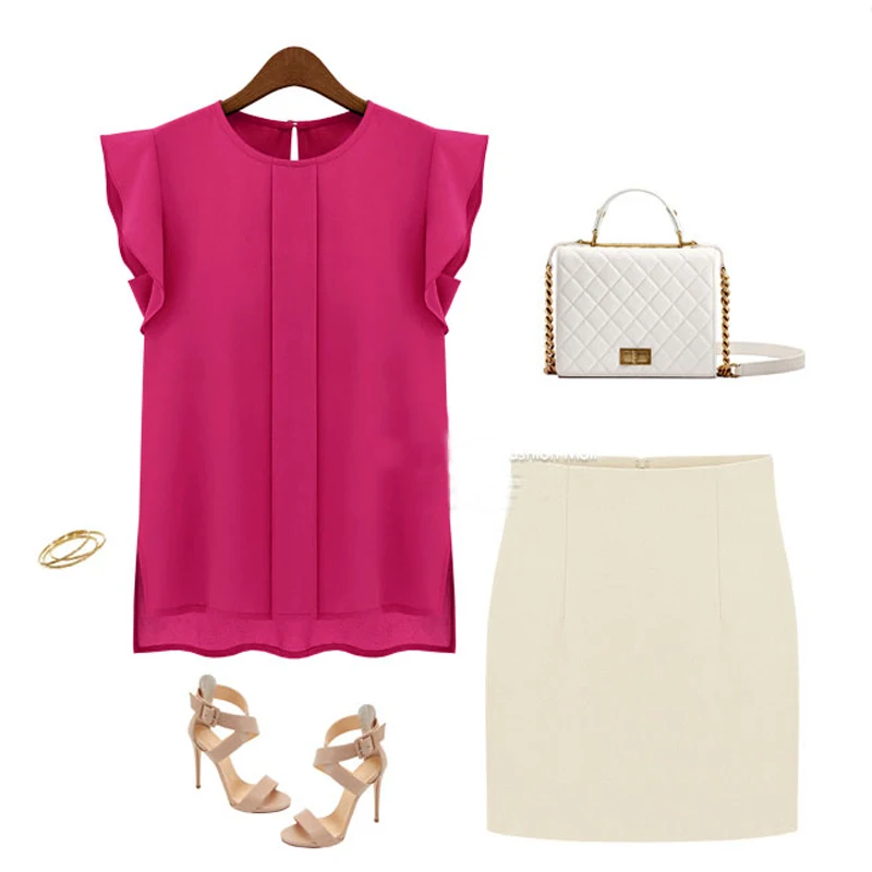 Women Summer Elegant Blouse Office Lady Solid Short Sleeve Chiffon Shirt Ruffle Top