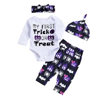

Autumn Suit My first print top + Halloween bat print pants + hat three-piece
