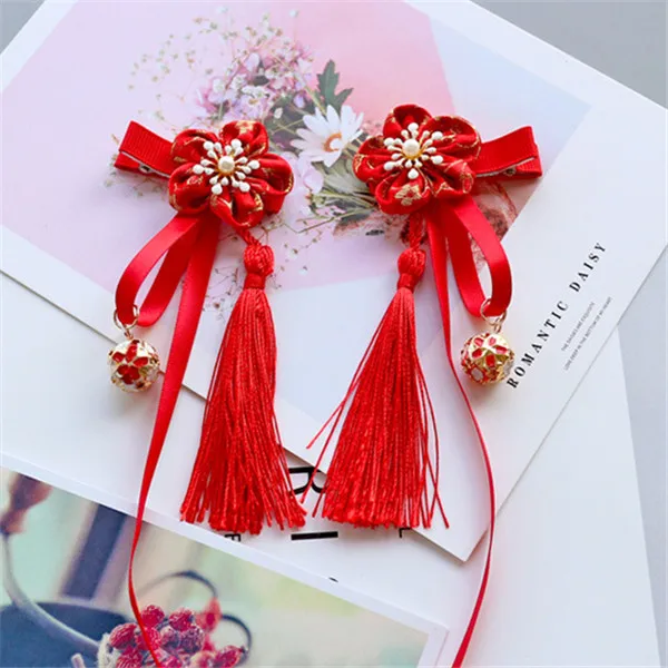 8pair/lot Fashion Multi Style Girls Hair Clips Chinese Traditional Princess Tassels Flower Hair Side Clips Kids Hair Accessories - Цвет: red