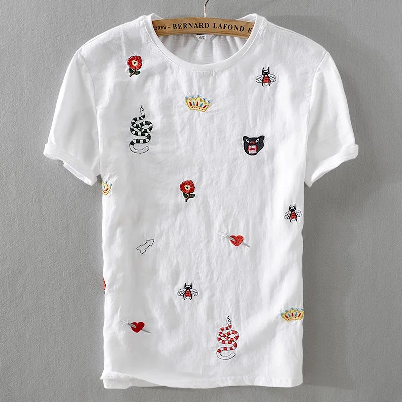 

New trend summer men short sleeve t-shirt linen white fashion loose t shirts embroidery stitching tshirt male camiseta M-3XL