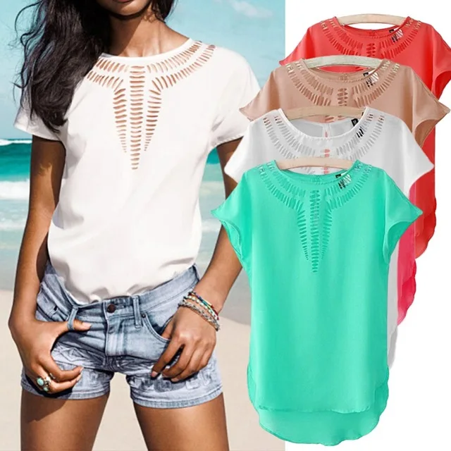 

Hot Sale New Fashion Women Summer Chiffon Blouses Blusas Casual Short Sleeve O-neck Hollow Out Tee Shirts Tops Chemise Femme 3XL