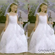 Новое поступление, платье принцессы в винтажном стиле, белая/декорированная элементами из атласа, цвета слоновой кости; платье для причастия с цветочным рисунком платья для девочек для свадебного торжества и дня рождения элегантное кружевное платья с аппликацией