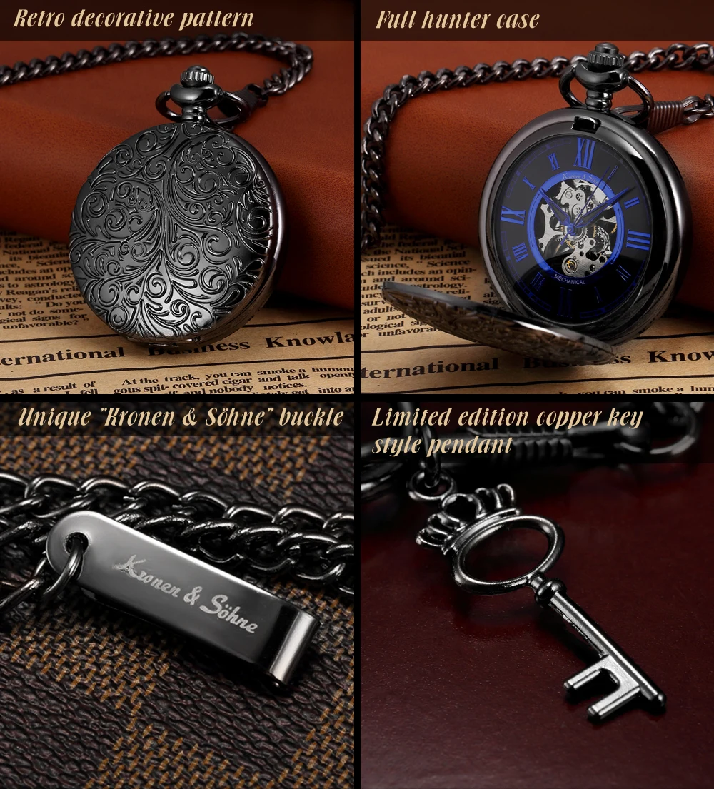 KS Скелет Римский механические цвет: черный, синий карманные часы Для мужчин прозрачная задняя ручной заводные часы Fobs ключевой часы на