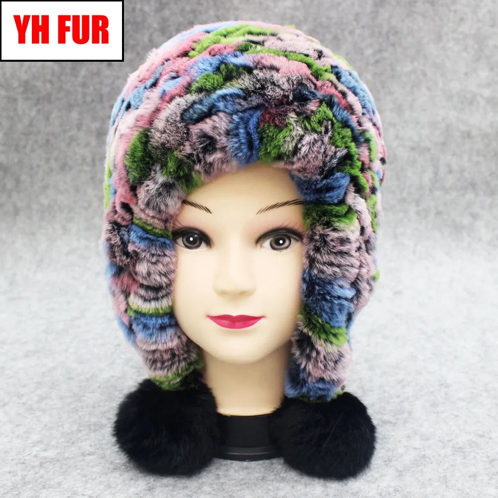 

Hot Elastic Real Rex Rabbit Fur Hat Women Winter Knitted Real Natural Rex Rabbit Fur Caps Lady Warm Three Fur Big Balls Beanies