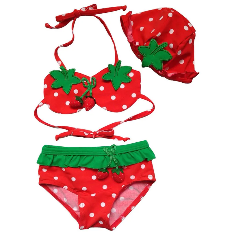

Bosudhsou H-94 Baby Infant Strawberry Swimwear Bikini Girl Beachwear Swim Suit 3 pcs Split Swimsuit infant girls Cap Clothing
