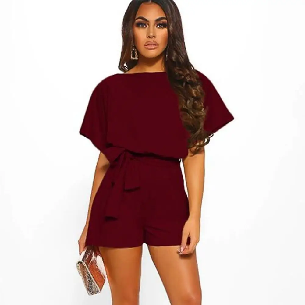 

2019 New Yfashion Women Fashion Solid Color Belt Short Sleeve Summer Jumpsuit Romper