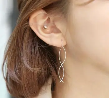 

REAL. 925 STERLING SILVER jewelry Fish Shape WaterWave Ear &Chain Pull Through Threader Earrings Long Dangle GTLE359