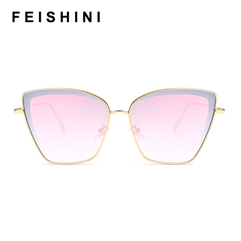 Женские солнцезащитные очки с кошачьим глазом FEISHINI розовые зеркальным зеркалом
