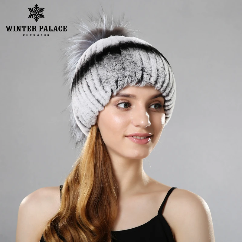 

Winter rex rabbit fur hat for women with fox fur pom poms top knitted beanies fur hats 2017 new brand causal good quality caps