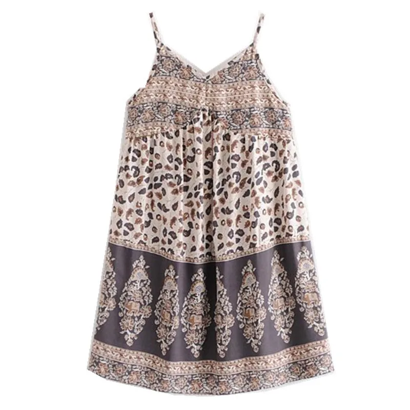 2019 Bohemian Contrast color Floral Leopard print Spaghetti Strap Dress Khaki Ethnic Woman Sling Dresses