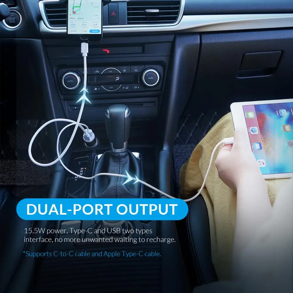 ORICO двойной выход Автомобильное зарядное устройство type C порт + USB прикуриватель