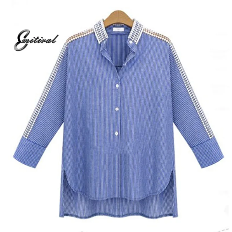Acheter Automne 2017 de Style Européen Plus La Taille 5XL Femmes Blause Dentelle Évider Patchwork Dames Chemises Neuf Trimestre Manches Rayé Tops