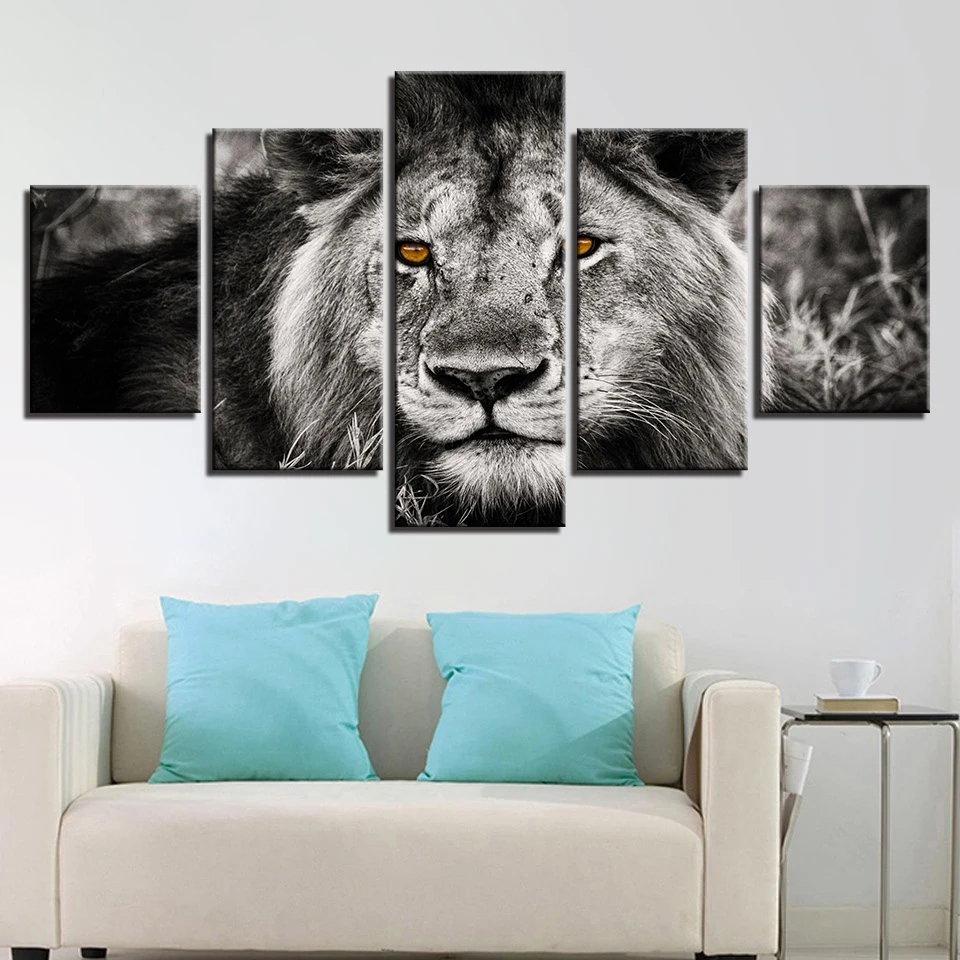 Home Decoration Canvas Oil Painting Modern Type 5 Panel Animal Lion ...