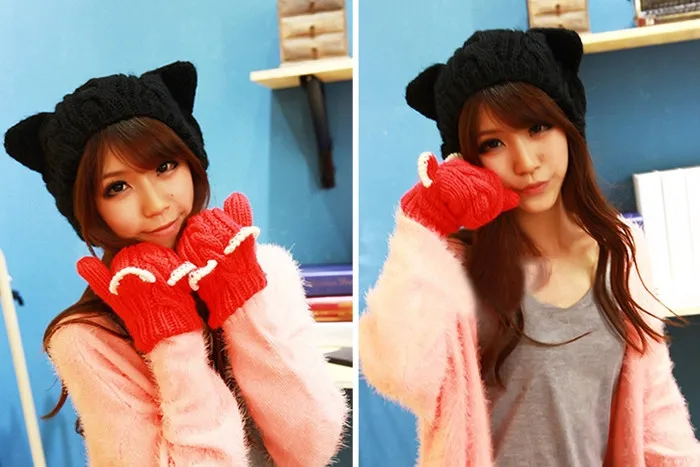 Women Lady Girls Winter Warm Knitting Wool Cat Ear Beanie Ski Hat Cap