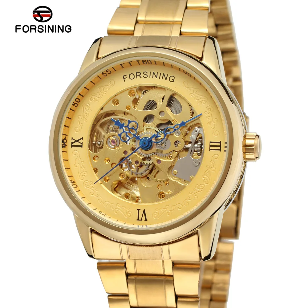 Forsining Men s Watch Luxury Automatic Self wind Analog Skeleton Stainless Steel Band Wristwatches Color Gold