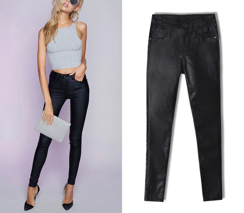 2017 New Hot Eu Models Women Sexy Slim PU Pockets Leather Pencil Pants Motor Style All-Match Fleece Trousers Slim Faux Leather (5)