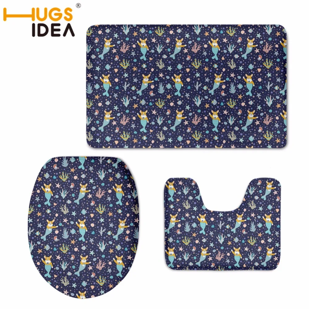 

HUGSIDEA Corgi Mermaid 3D Printing Toilet Seat Cover Bathroom Ground Mat Anti Slip Rugs Decorate Soft Carpet Three-Piece Sets