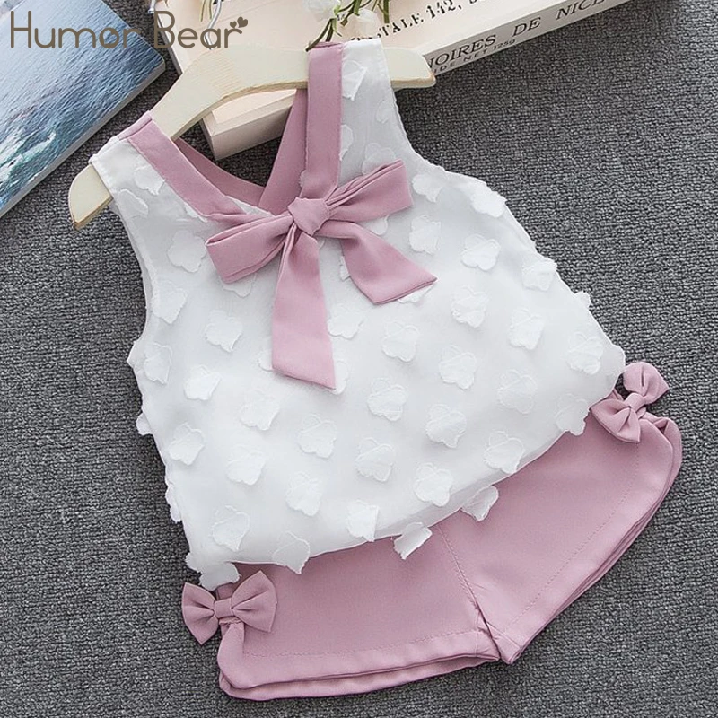 Roupa do Bebê Quente de Verão Conjuntos de Roupas para Meninas Cabolsa plus Calças Humor Urso Menina 2019 Novos Crianças Baía Roupas Criança Chiffon Bowknot 1-4y