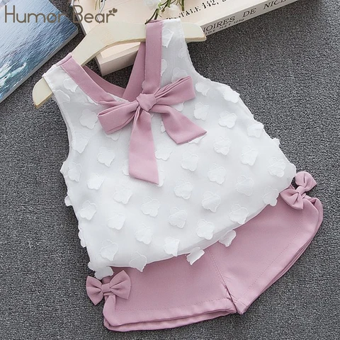 Roupa do Bebê Quente de Verão Conjuntos de Roupas para Meninas Cabolsa plus Calças Humor Urso Menina 2019 Novos Crianças Baía Roupas Criança Chiffon Bowknot 1-4y