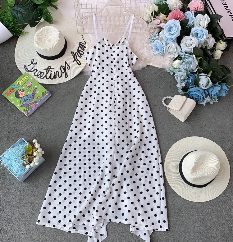 Женское пляжное платье в горошек Boho черное или белое средней длины с
