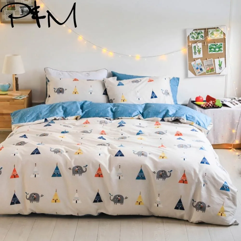 

Papa&Mima elephant print bedding set Queen King size flat sheet pillowcases duvet cover sets Modern style bedlinens