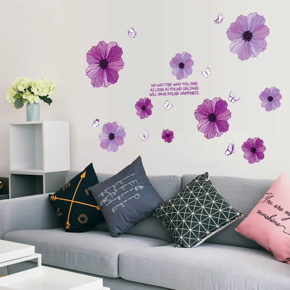 

Purple Flowers Wall Paper Art Sticker Mural DIY PVC Self Adhesive Bedroom Living Room Wall Stickers Home Decoration Accessories