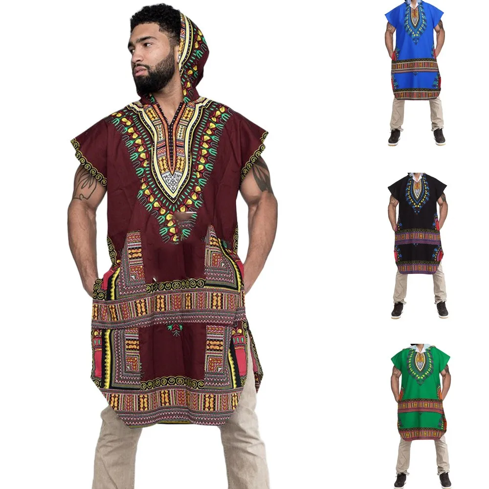 

Mens Casual Hipster Hip Hop African Dashiki Hoodie Pollover Elongated longline Printed Tops Drop Shipping