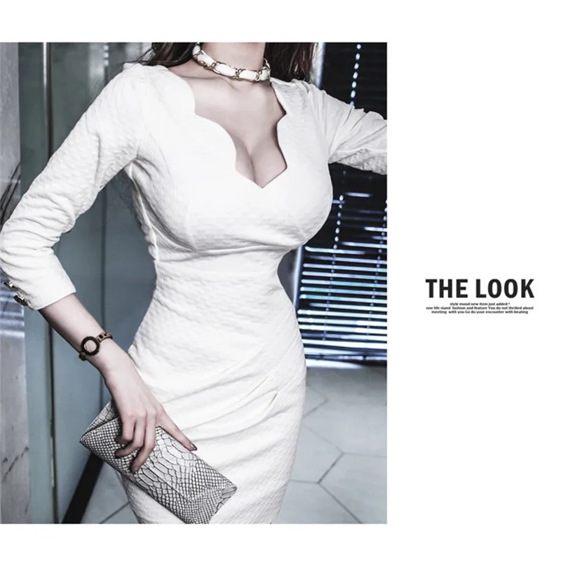 Весенне-осеннее женское платье, модное корейское элегантное белое платье с v-образным вырезом, с рукавами в семь точек, тонкое Плиссированное сексуальное платье для вечерние